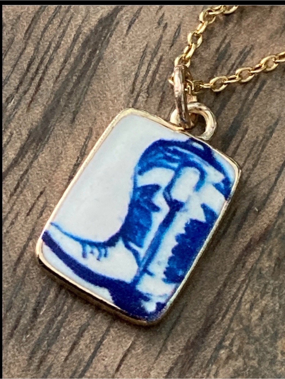Gold Blue and White Cowboy Boot Pendant Necklace